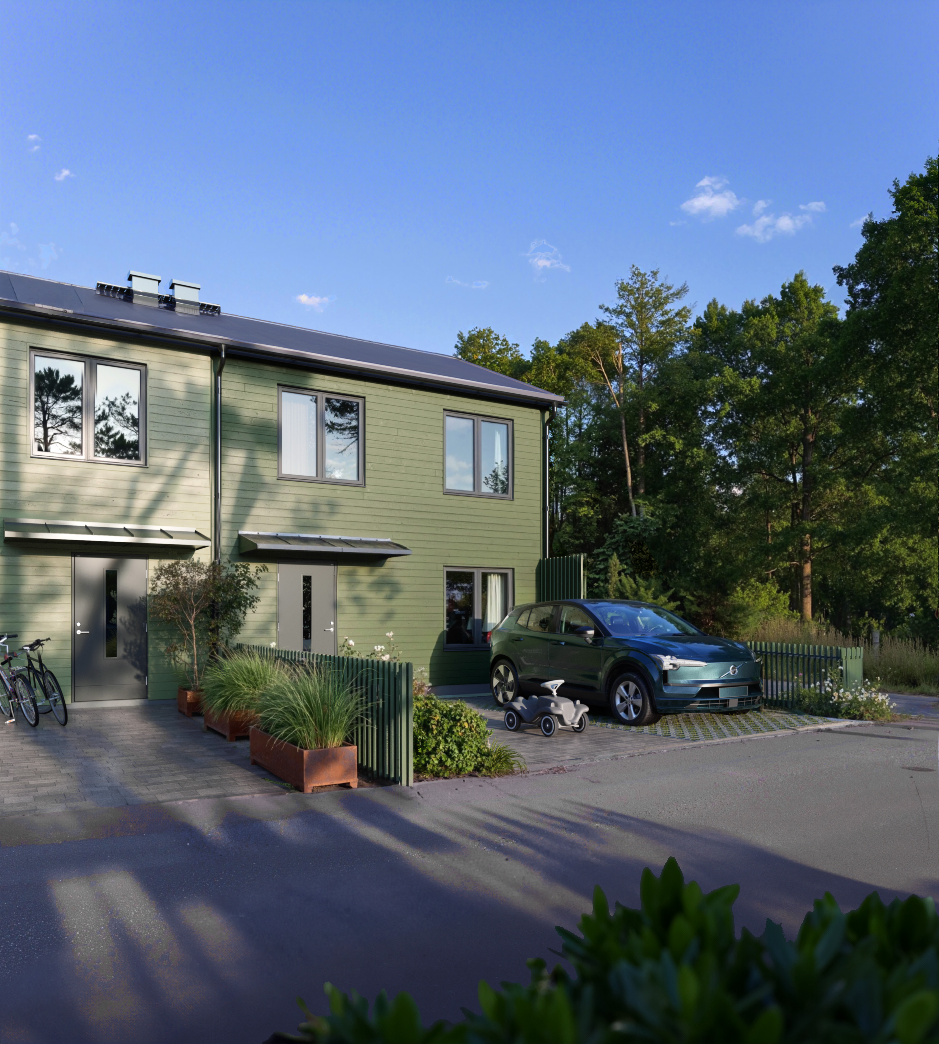 Exteriör från framsidan av bostadsprojektet i Kärna